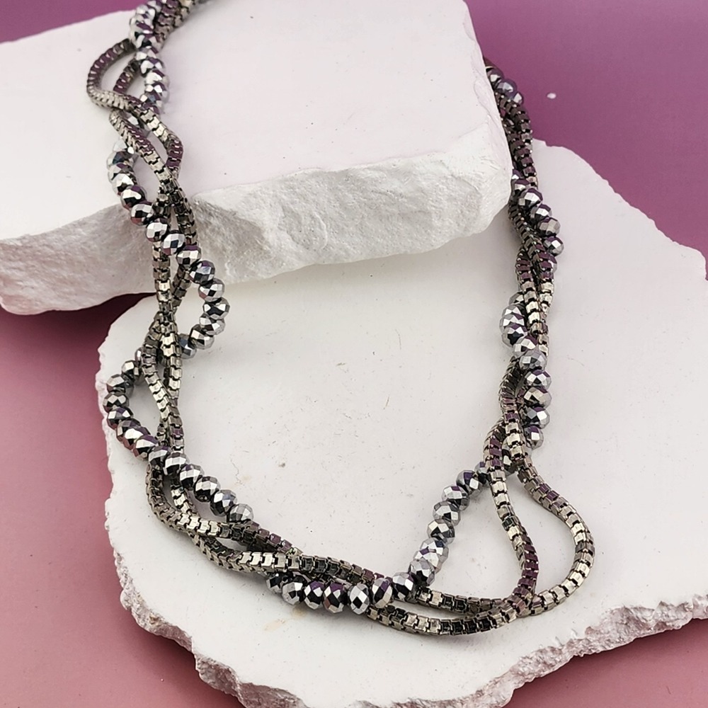 Multi Strand Silver Tone Faceted Crystal Bead Chain Necklace Glam Statement 18in